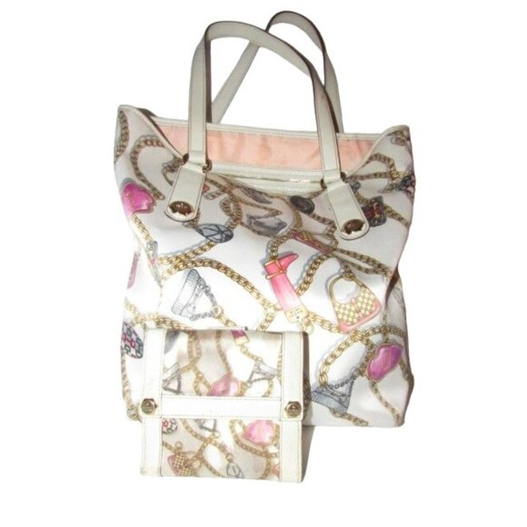 Gucci Charmy Multi Color Horse Bit Print Silk & White Leather Tote - Picture 1 of 12